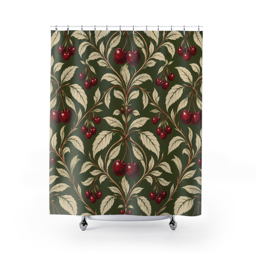 Burgundy cherry and ivory leaf damask on olive green shower curtain with full front view