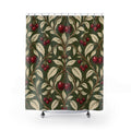 Burgundy cherry and ivory leaf damask on olive green shower curtain with full front view