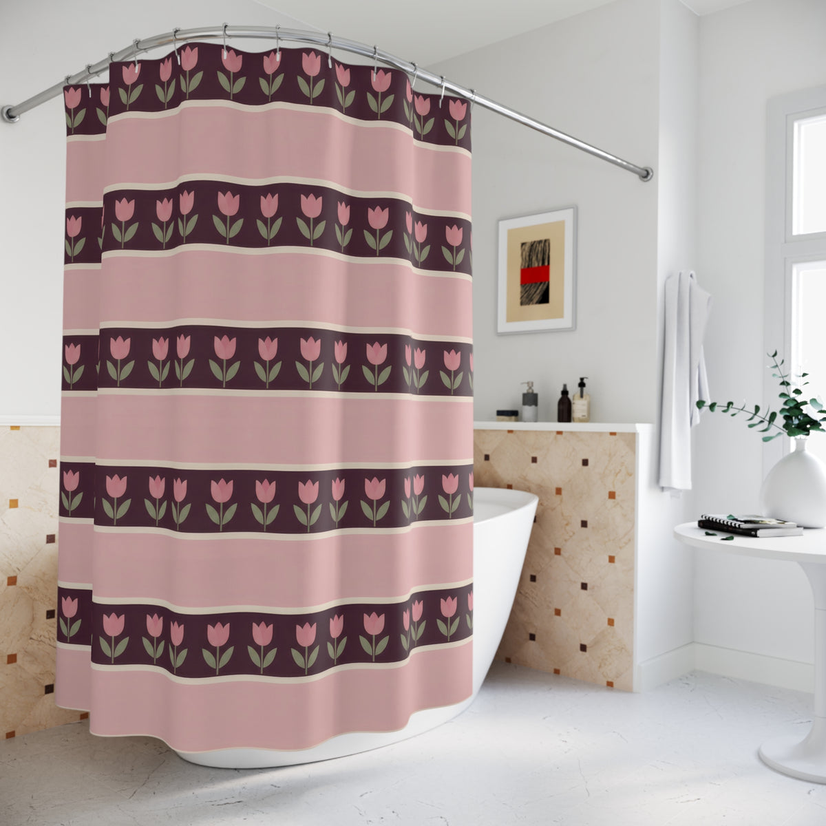 Pink tulip rows on plum bands between broad blush stripes shower curtain beside a freestanding tub