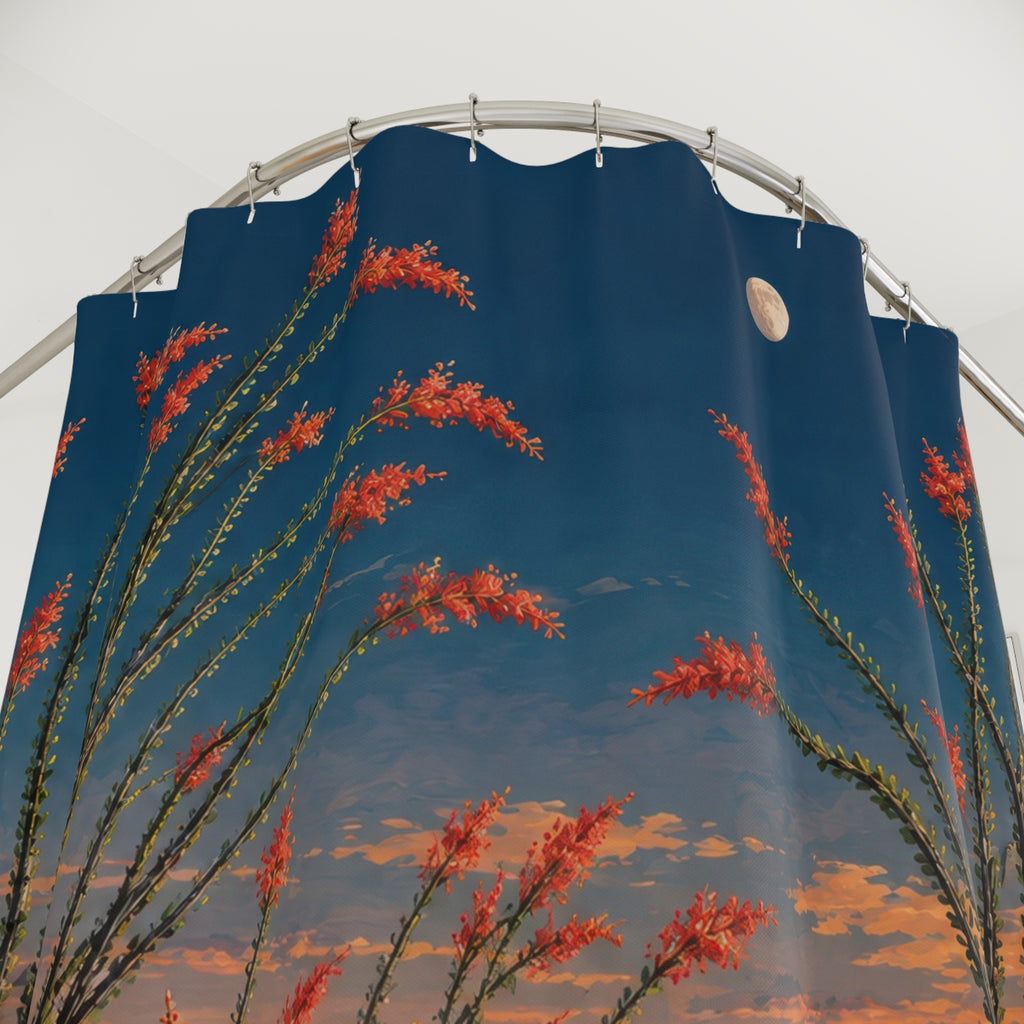 Red ocotillo flowers beneath a moon in blue and apricot sky shower curtain with close-up print, hooks, and folds