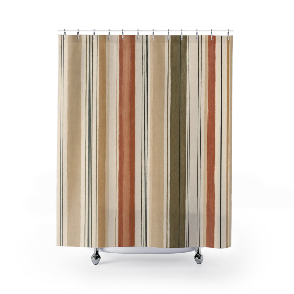 Olive Terracotta Neutral Stripe Shower Curtain
