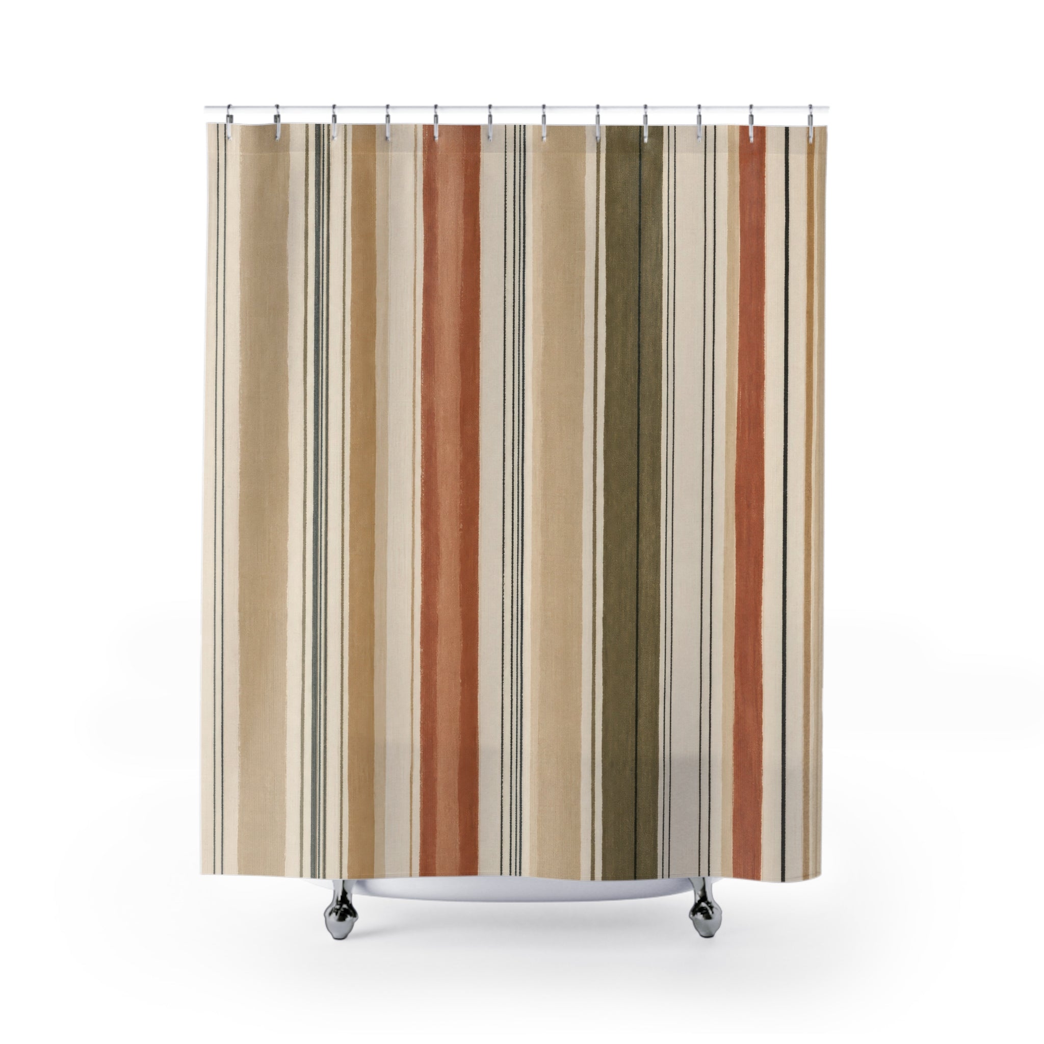 Olive Terracotta Neutral Stripe Shower Curtain