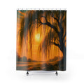 Sunlit golden weeping willow shower curtain with full front view
