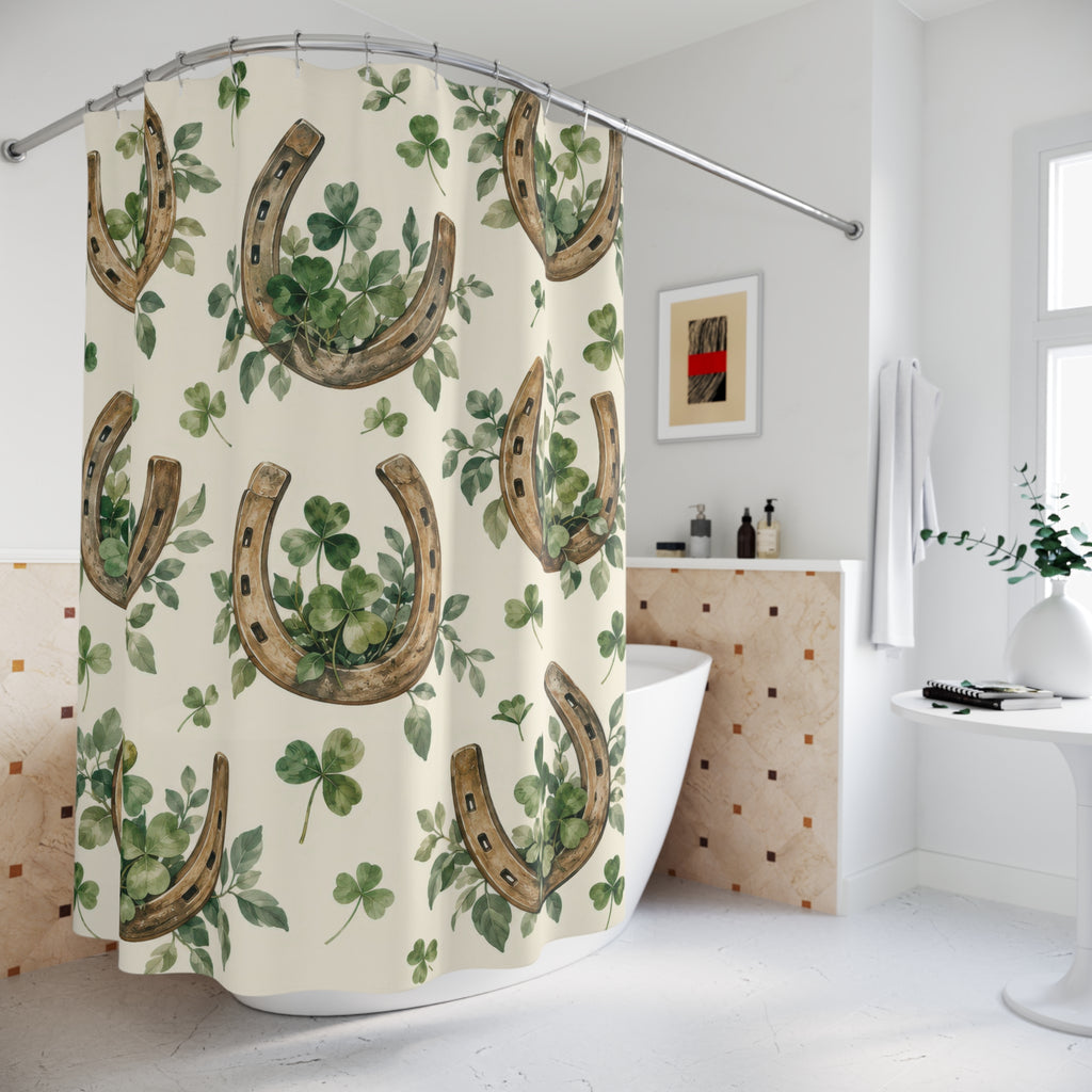 Brown horseshoes with sage clovers on cream shower curtain beside a freestanding tub