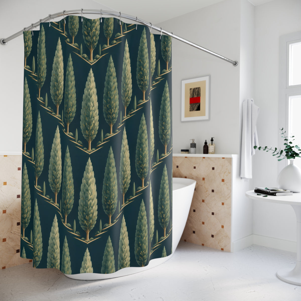 Sage cypress tree chevrons on deep teal shower curtain beside a freestanding tub
