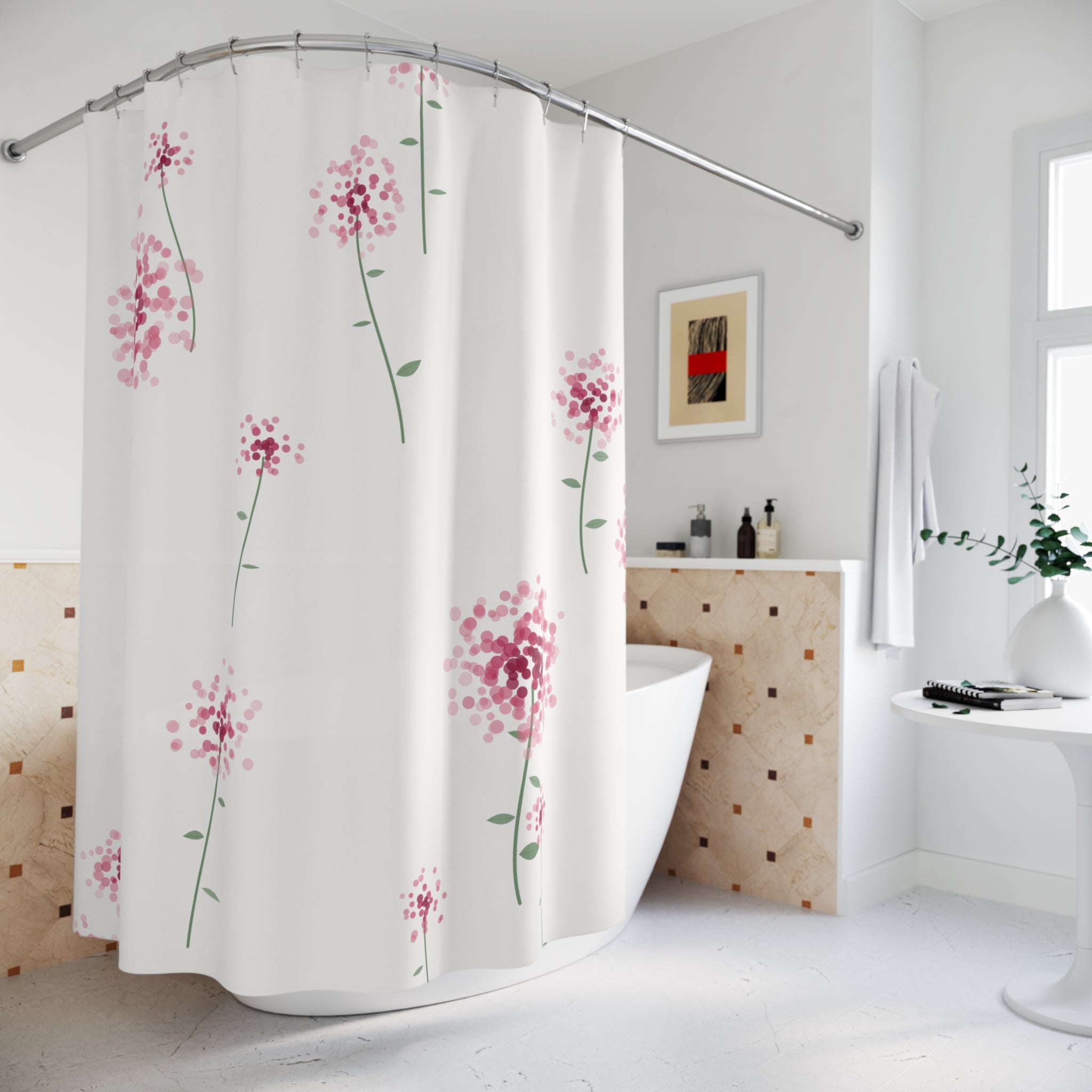 Pink Allium Floral Shower Curtain — Dot Clusters