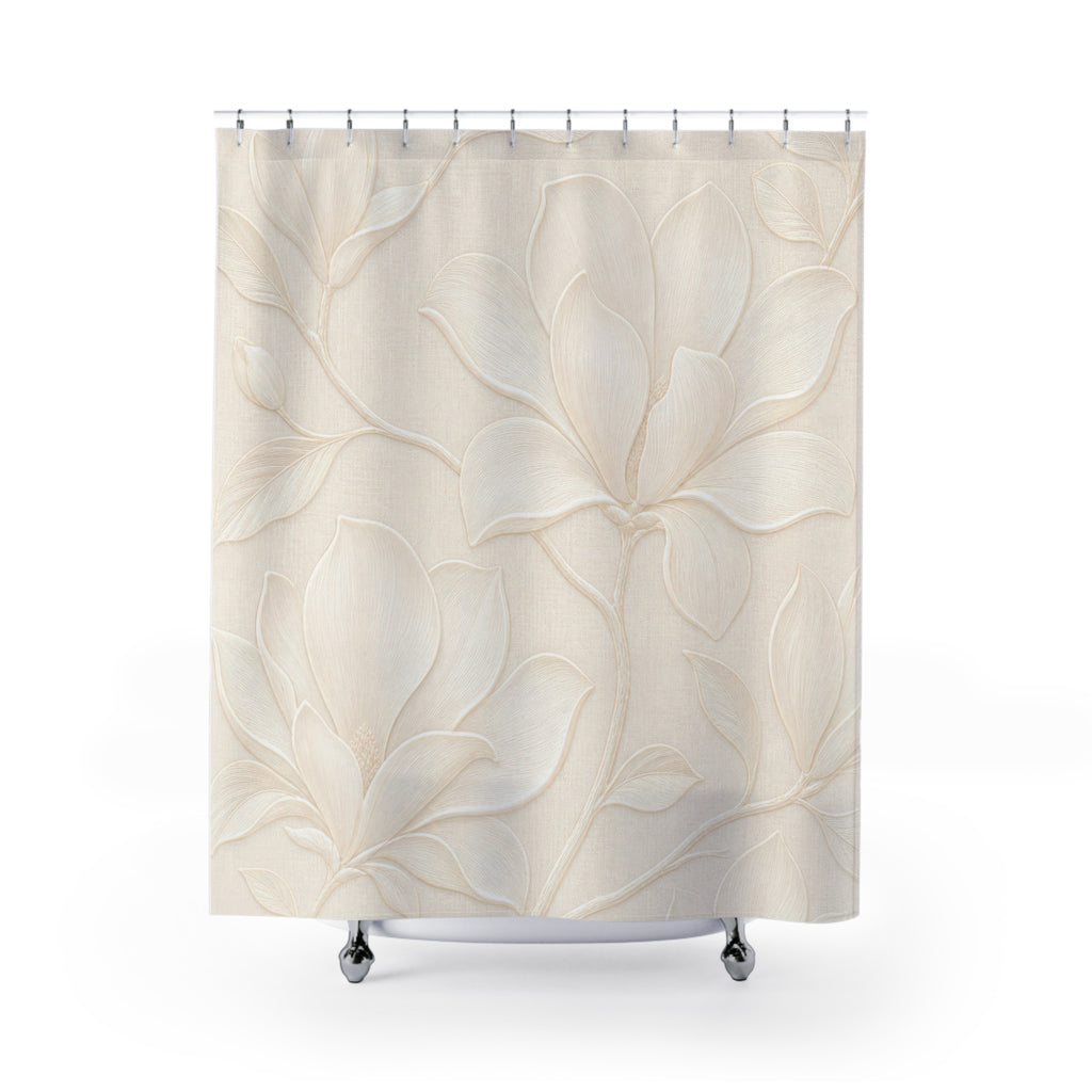 Floral Shower Curtain, Cream Botanical Bath Decor, Beige Line Flower Pattern, Elegant Neutral Guest Bathroom Decor, Classic Soft Style