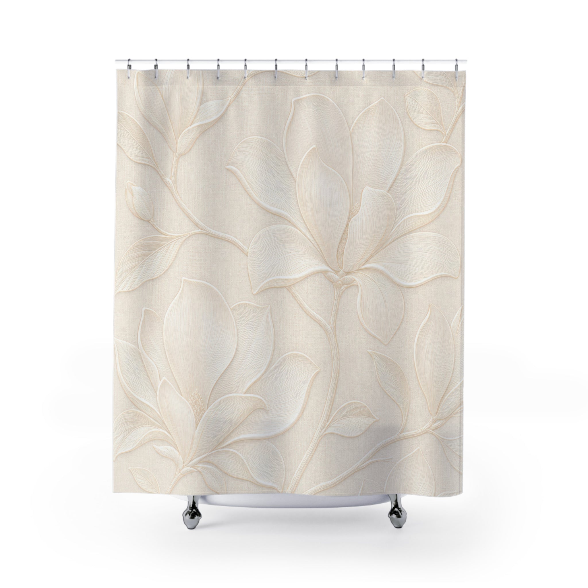 Floral Shower Curtain, Cream Botanical Bath Decor, Beige Line Flower Pattern, Elegant Neutral Guest Bathroom Decor, Classic Soft Style
