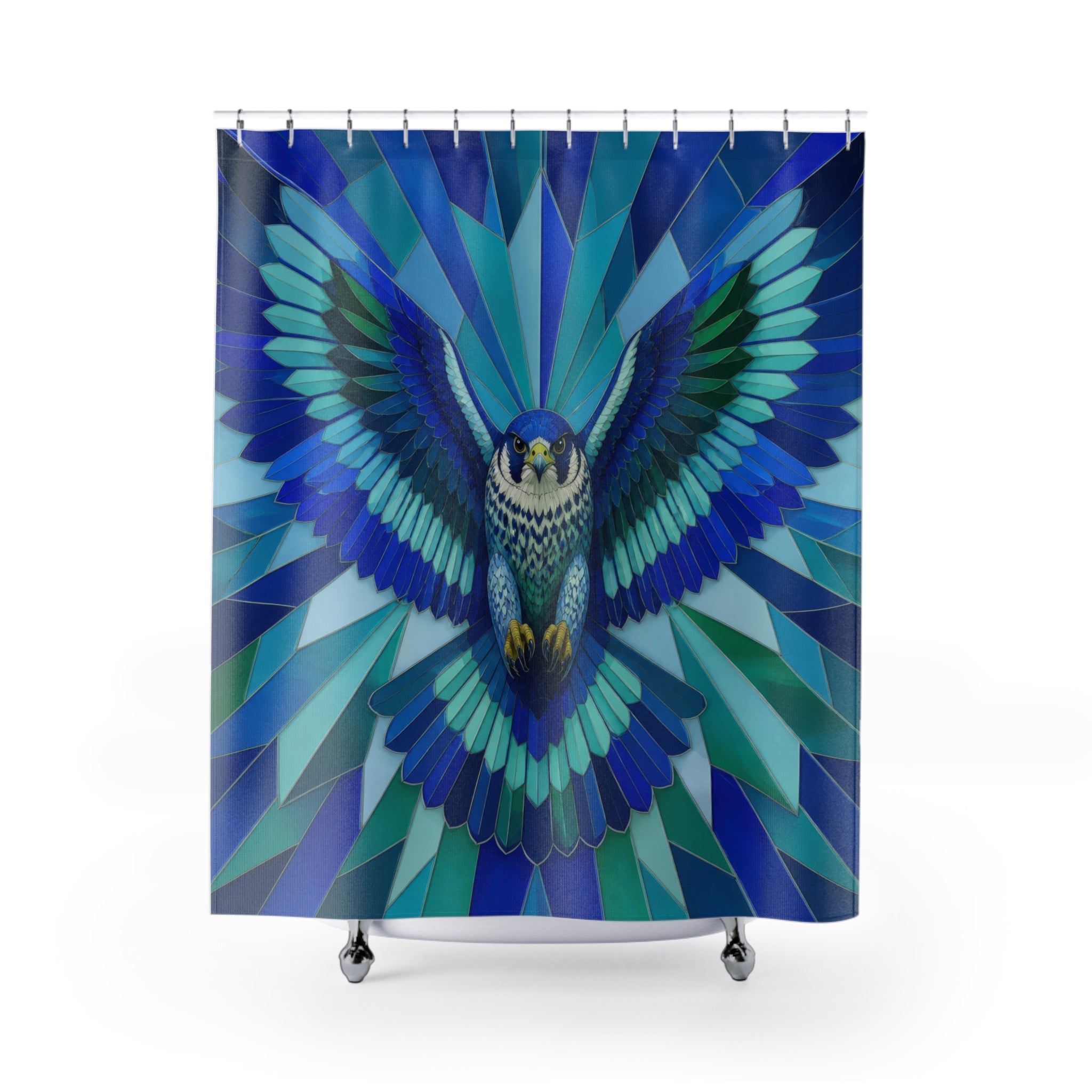Frontal falcon with cobalt teal and emerald prismatic wings shower curtain, full front view