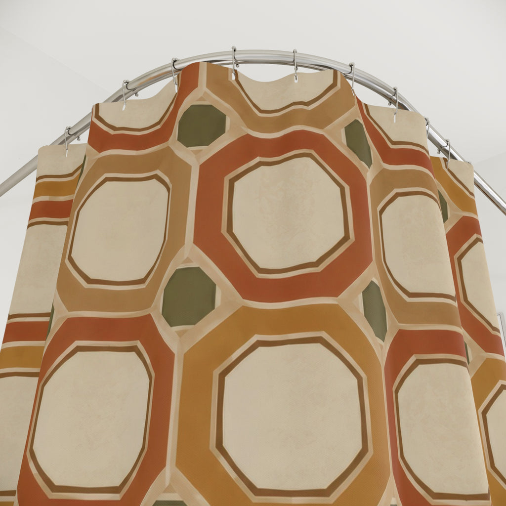 Ochre and terracotta octagons with cream centers shower curtain with close-up print, hooks, and folds