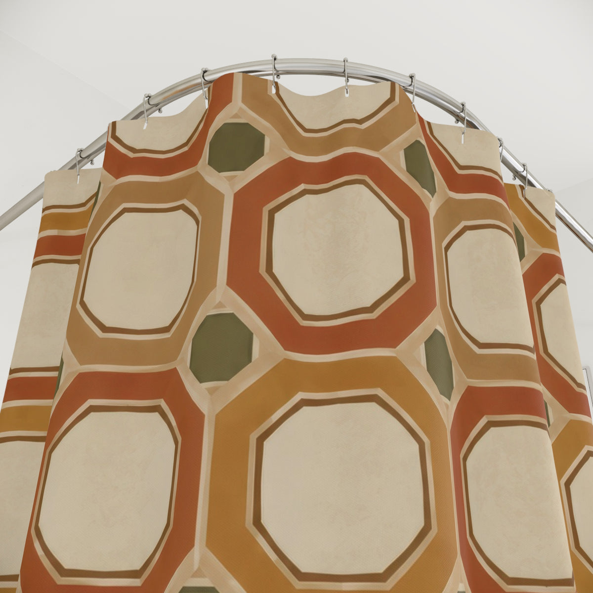 Ochre and terracotta octagons with cream centers shower curtain with close-up print, hooks, and folds