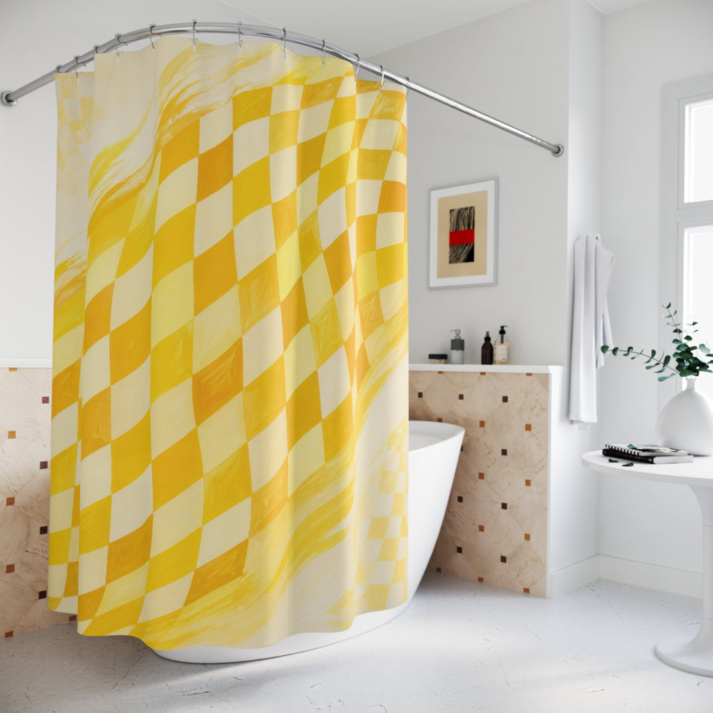 Saffron yellow checker wave on cream shower curtain beside a freestanding tub