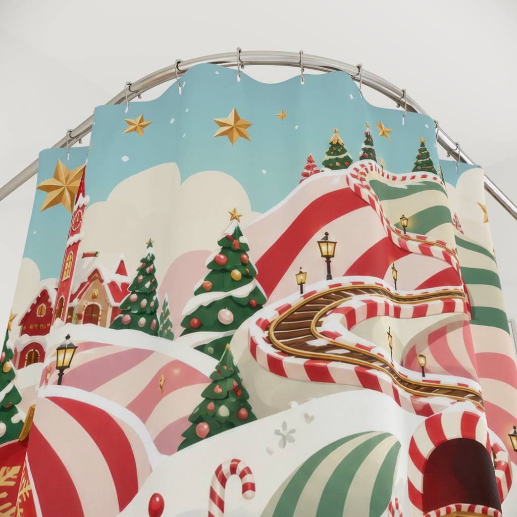 Toy train crossing peppermint-striped Christmas hills shower curtain with close-up print, hooks, and folds
