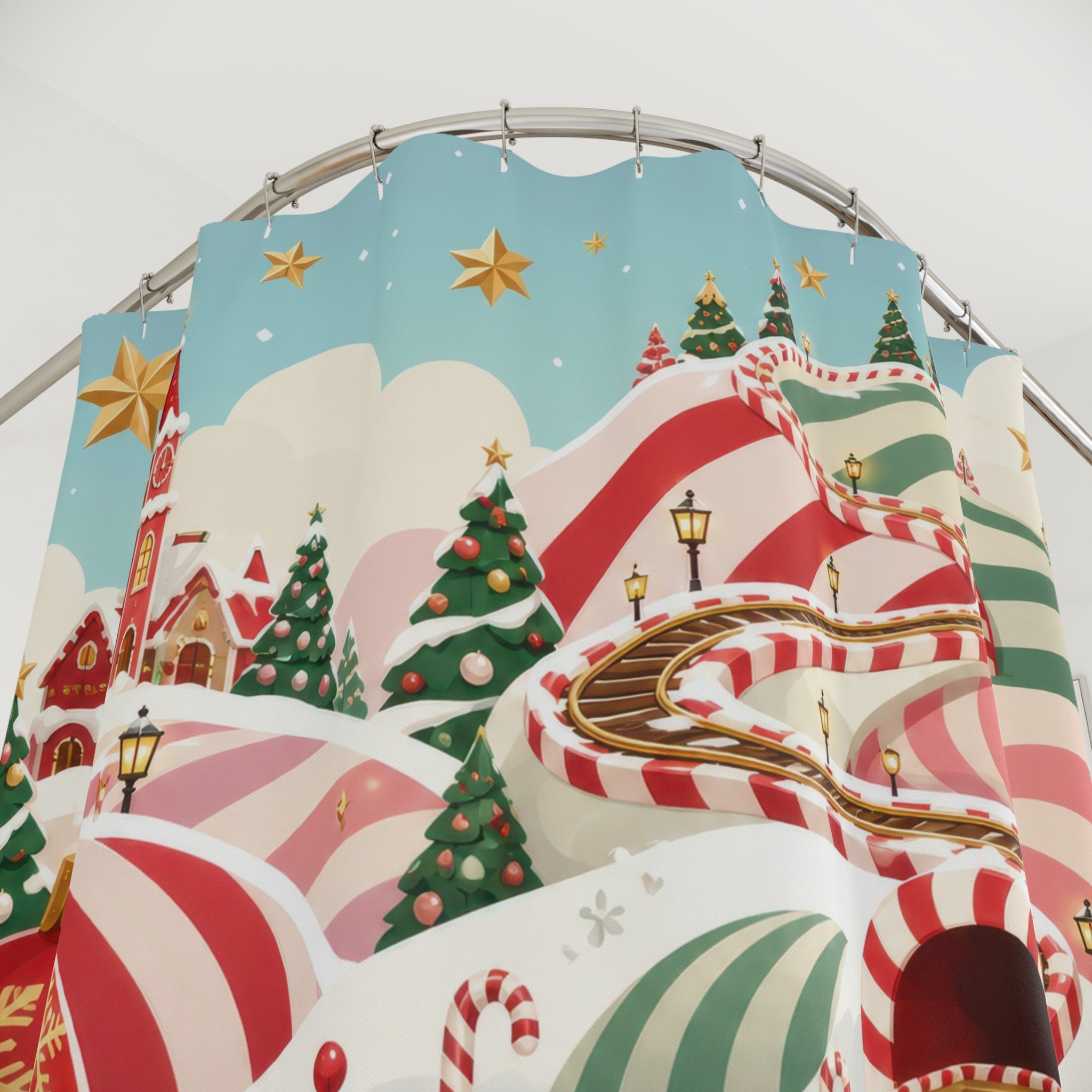 Toy train crossing peppermint-striped Christmas hills shower curtain with close-up print, hooks, and folds