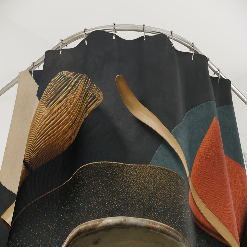 Japanese matcha tea ceremony still life with camellia on tatami shower curtain with close-up print, hooks, and folds