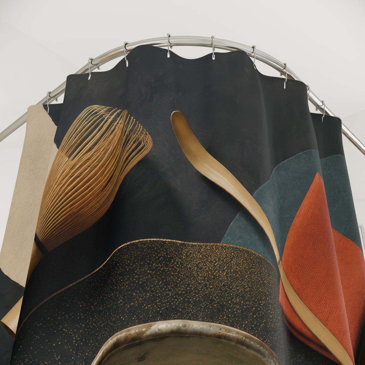 Japanese matcha tea ceremony still life with camellia on tatami shower curtain with close-up print, hooks, and folds