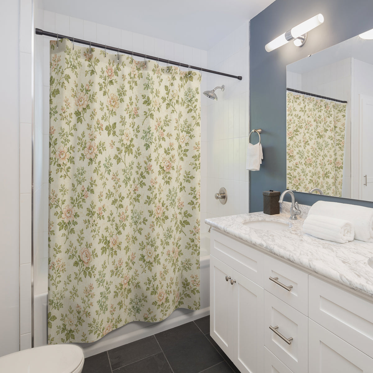 Vintage Chintz Garden Print green shower curtain beside a white vanity