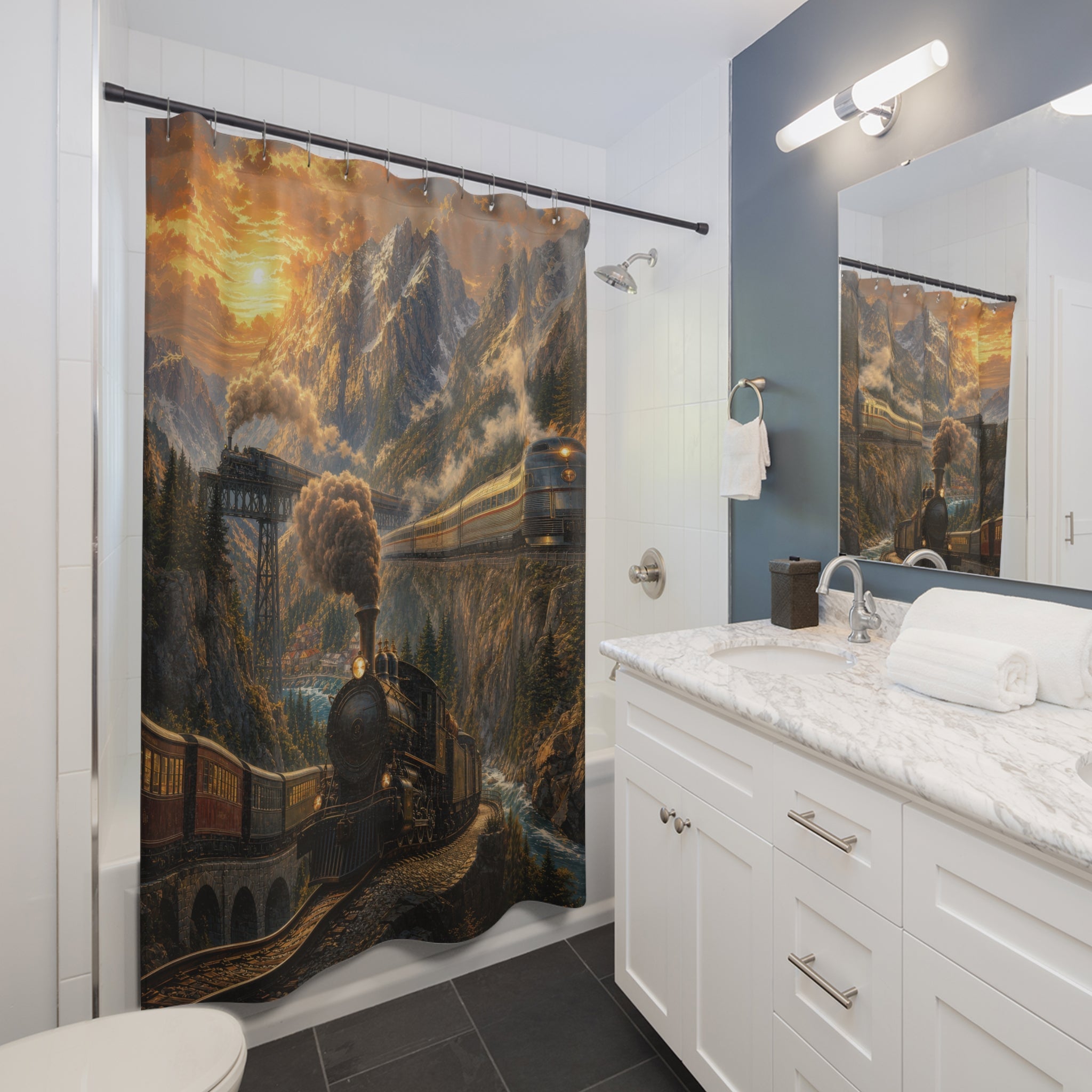 Train Shower Curtain: Vintage Railroad Mountain