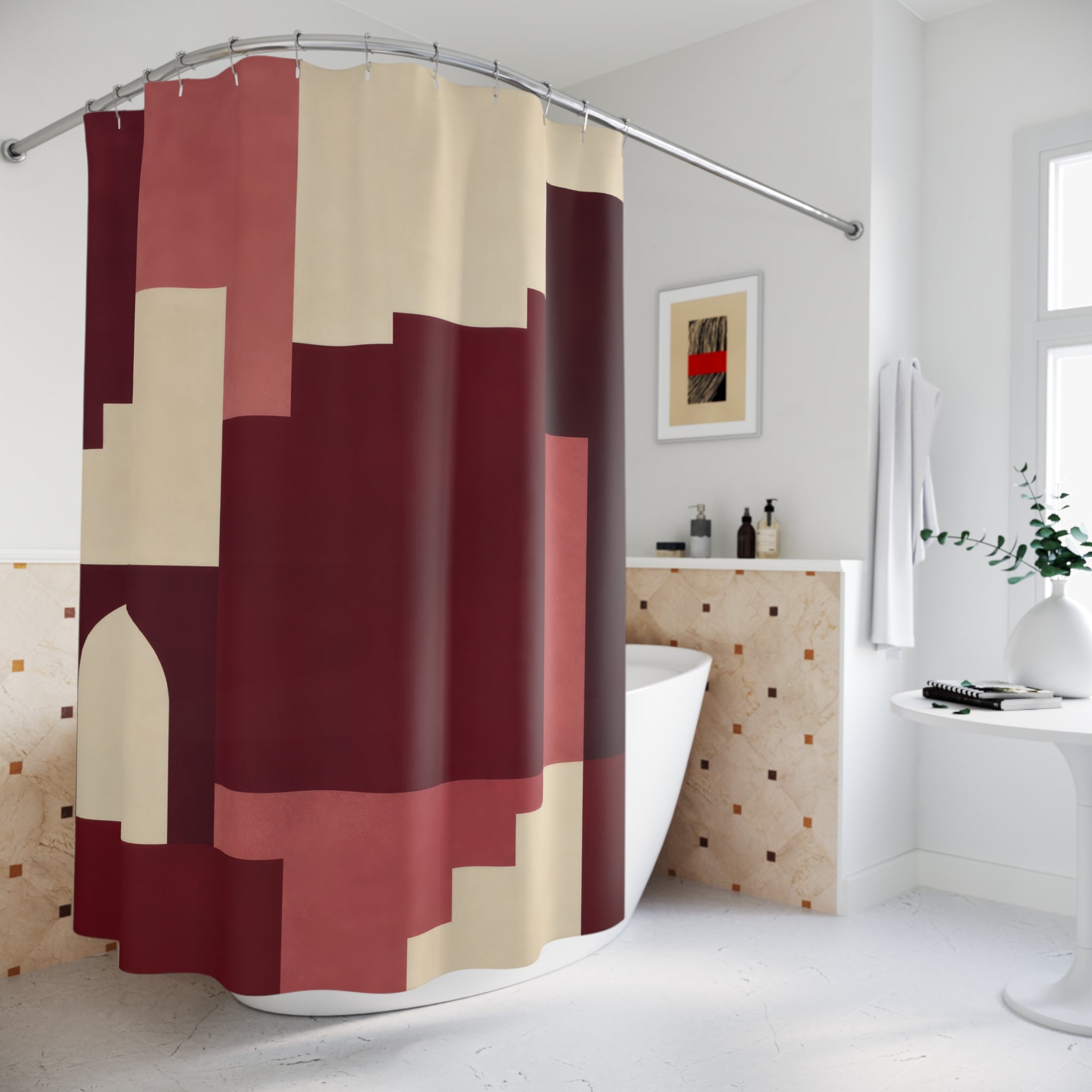 Burgundy Geometric Color Block Shower Curtain