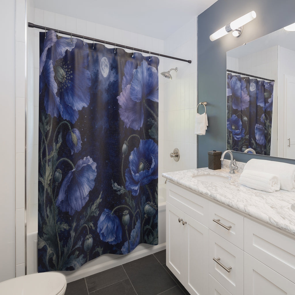 Sapphire Poppy Canopy Navy Blue Shower Curtain