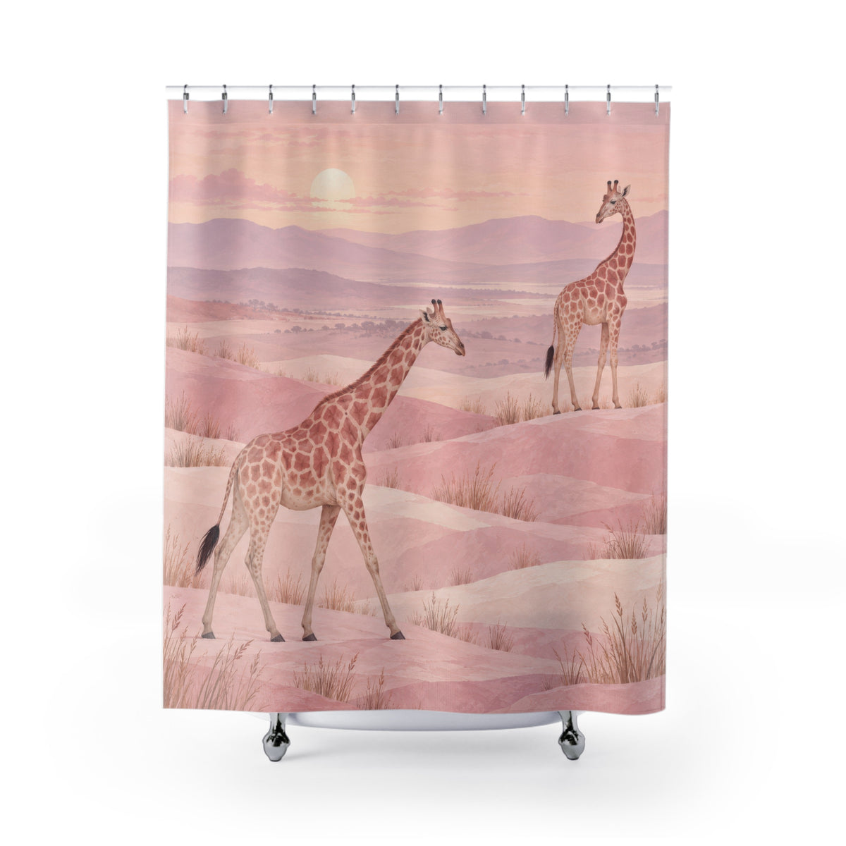 Two tan giraffes in a light pink hilly landscape shower curtain with full front view
