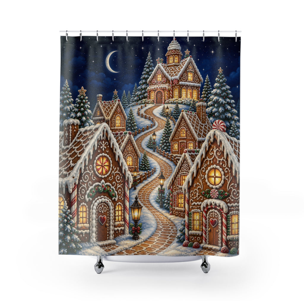 Moonlit gingerbread village with snowy cookie houses shower curtain with full front view
