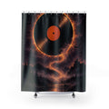 Vinyl record eclipse over a purple forest lake with bats shower curtain with full front view