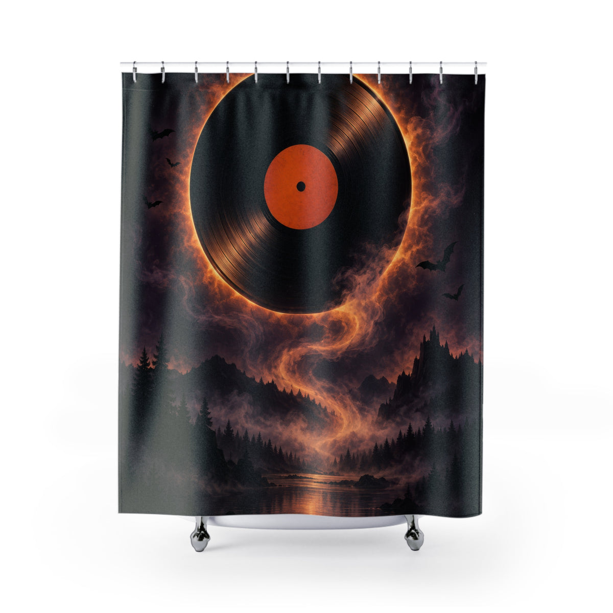 Vinyl record eclipse over a purple forest lake with bats shower curtain with full front view