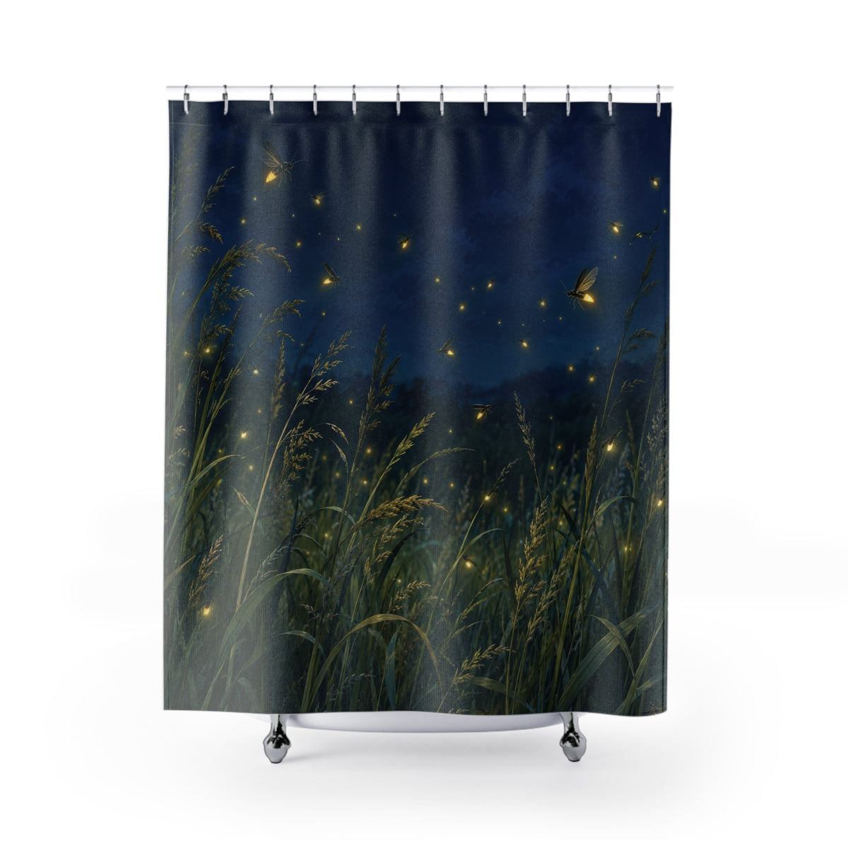 Golden fireflies over green meadow grasses beneath a navy sky shower curtain with full front view