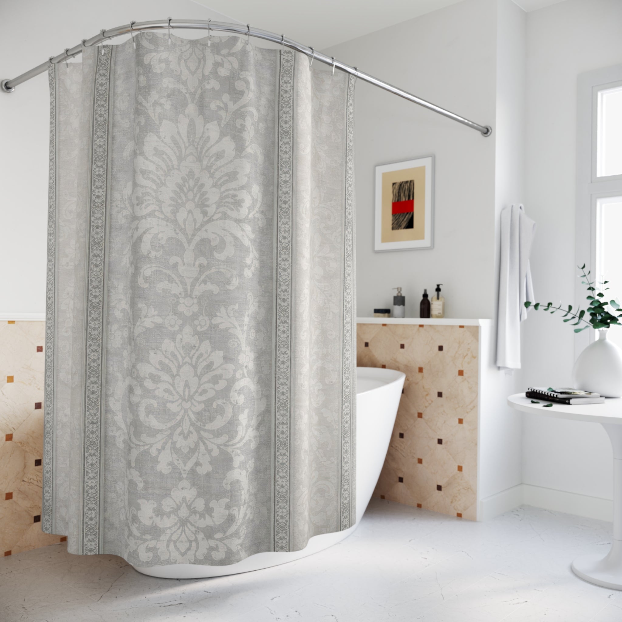 Grey Damask Shower Curtain — Striped Medallion