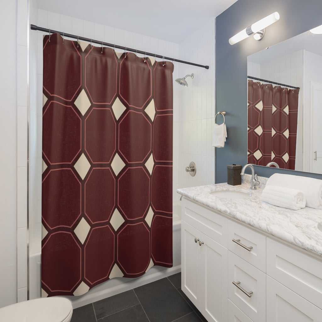 Maroon octagons with rose outlines and cream squares shower curtain beside a white vanity