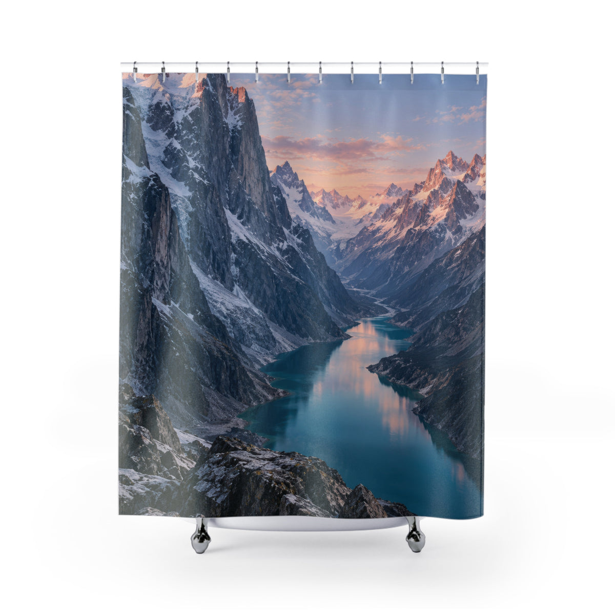 Rose-lit snowy mountains above a turquoise glacial lake shower curtain with full front view