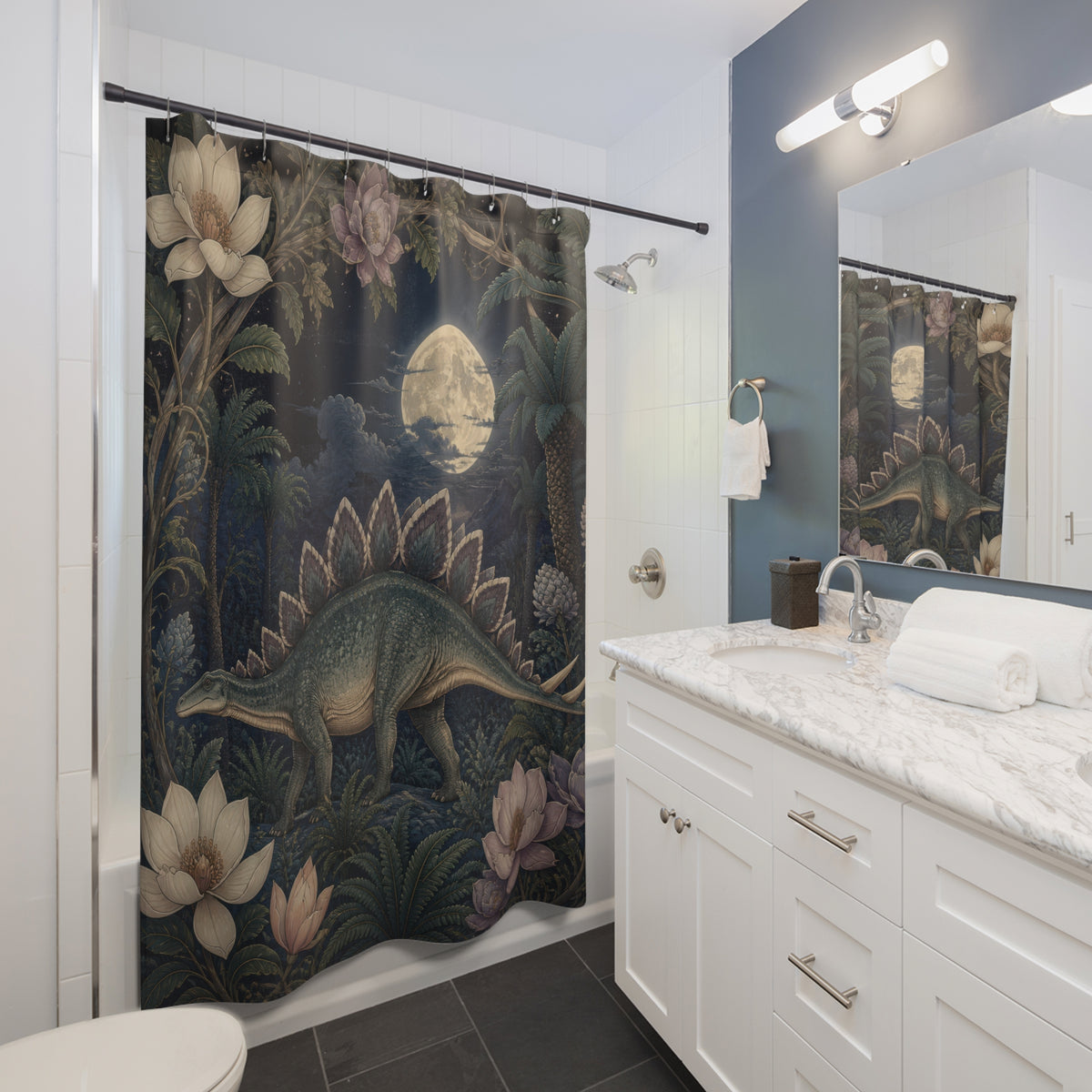 Moonlit stegosaurus among blue leaves and pale flowers shower curtain beside a white vanity