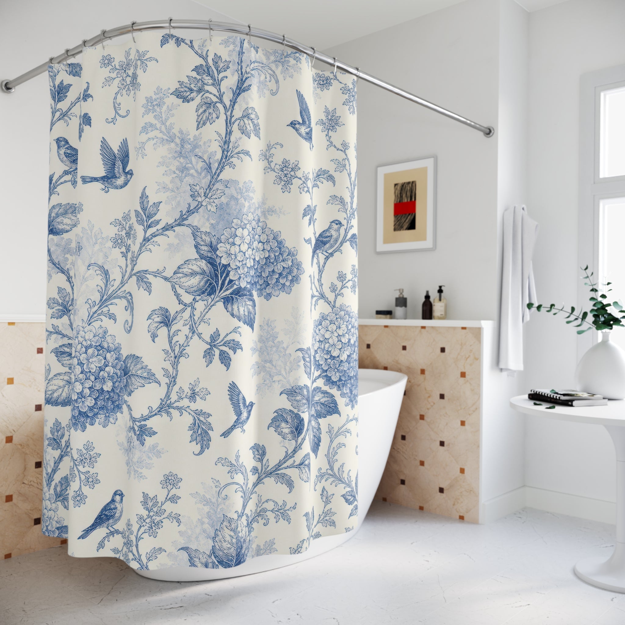 Blue Bird Toile Floral Vintage White Cottage Shower Curtain