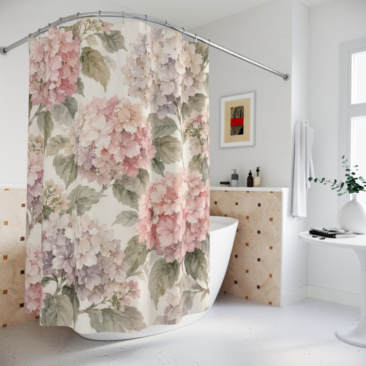 Blush hydrangeas and sage leaves on cream shower curtain beside a freestanding tub
