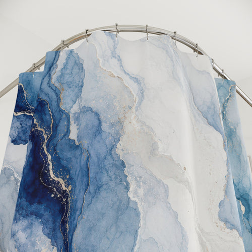 Blue Agate Marble Shower Curtain, Blue White Modern Bathroom Decor, Abstract Marble Bath Curtain, Guest Bath Decor, Small Bathroom Decor