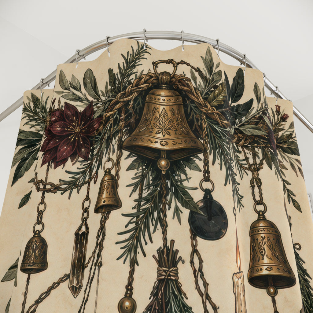 Wiccan hanging herbs bells crystals and lunar talismans shower curtain with close-up print, hooks, and folds
