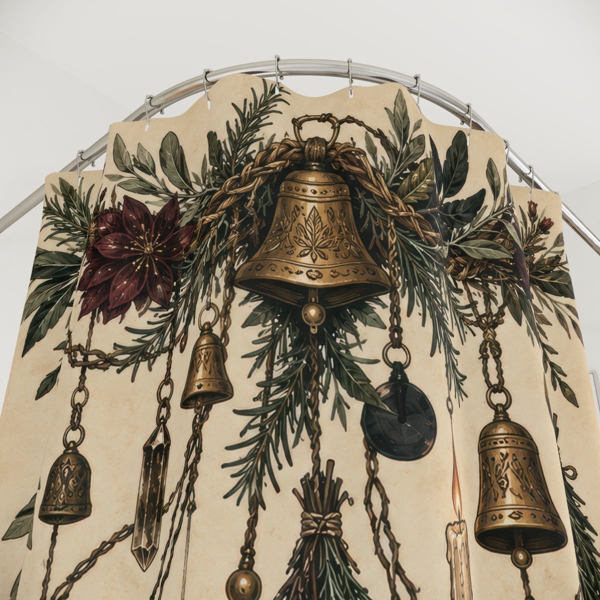 Wiccan hanging herbs bells crystals and lunar talismans shower curtain with close-up print, hooks, and folds