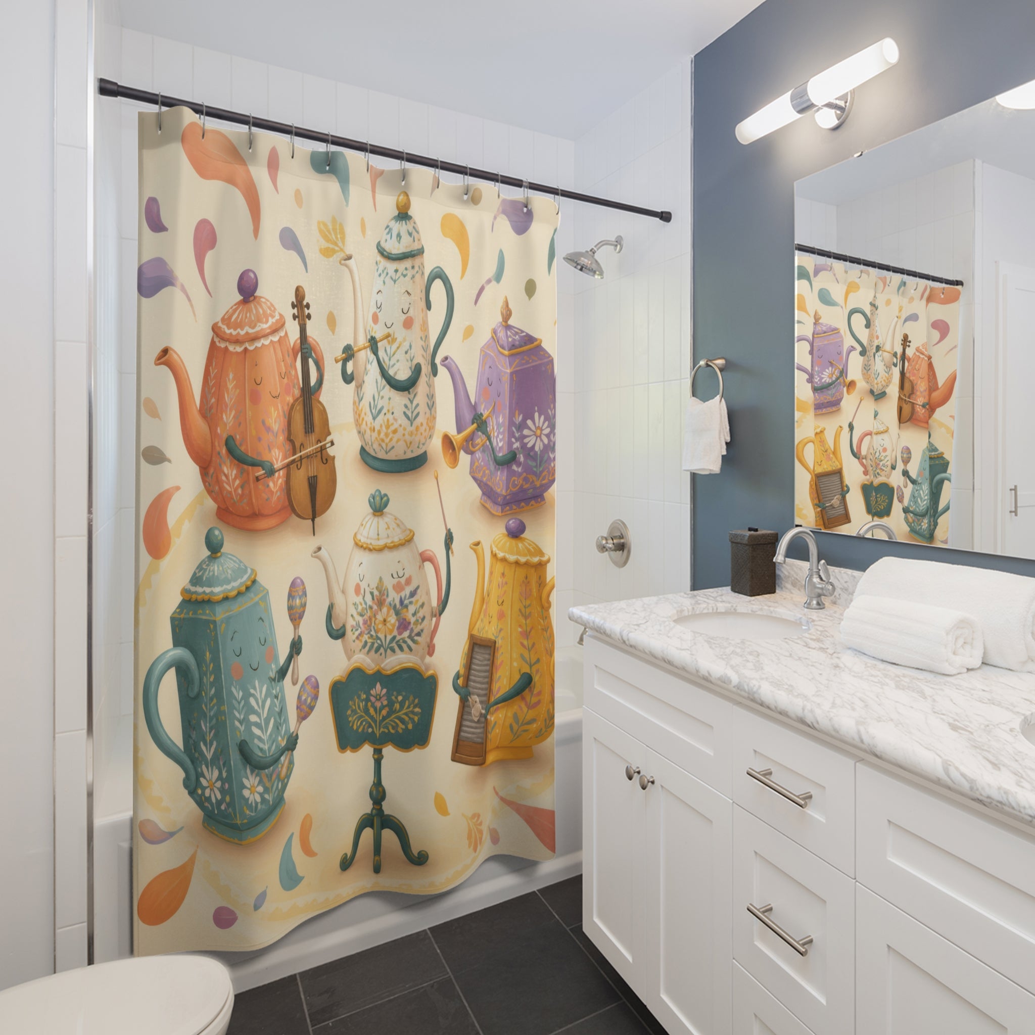 Whimsical floral teapot orchestra in coral and teal shower curtain beside a white vanity