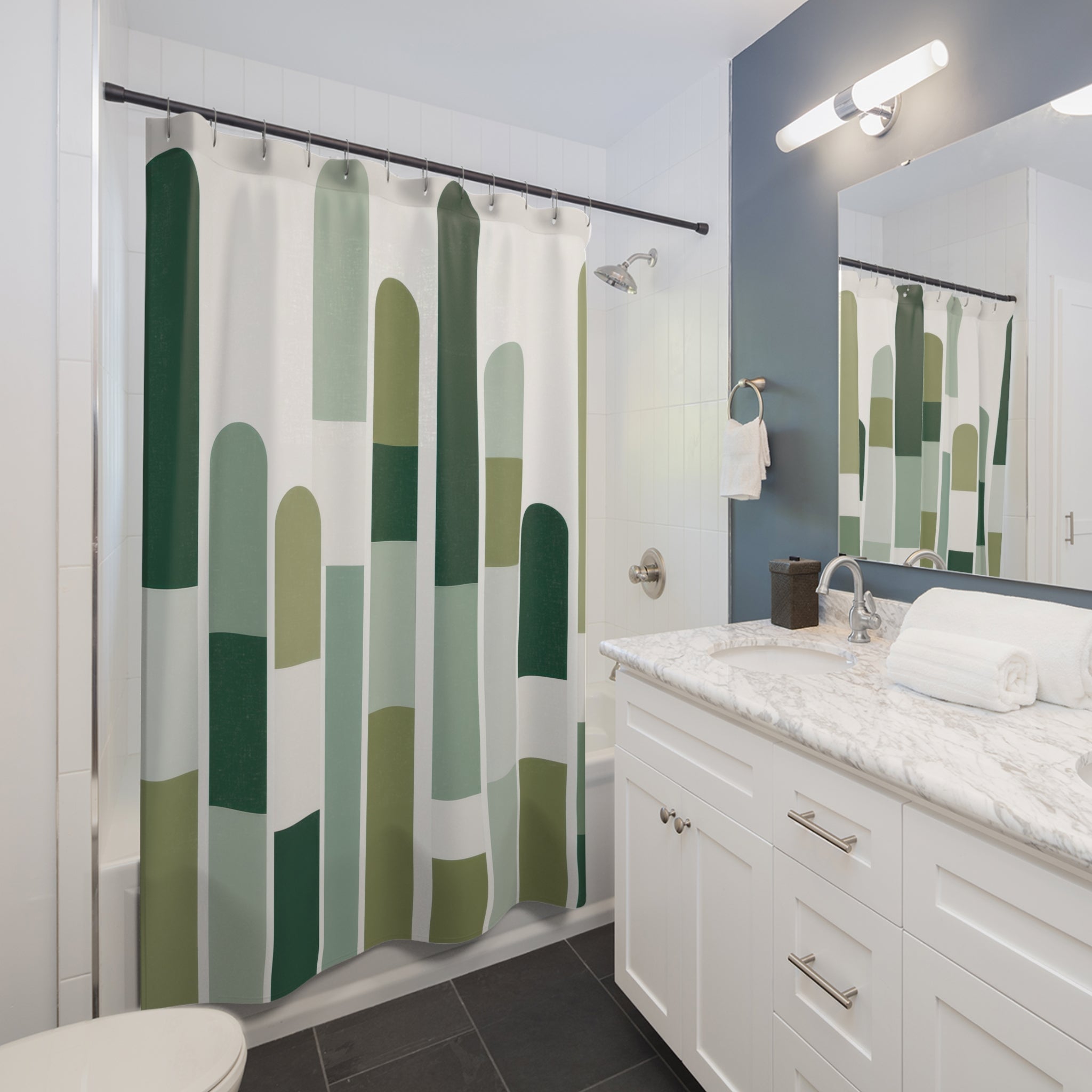 Modern Shower Curtain, Green Geometric Bath Decor, Rounded Bar Pattern, Sage Guest Bathroom Decor, Vertical Abstract Green Style Decor