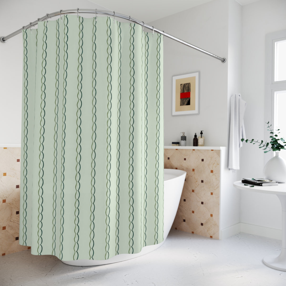 Green Hand Drawn Line Vertical Stripes Shower Curtain