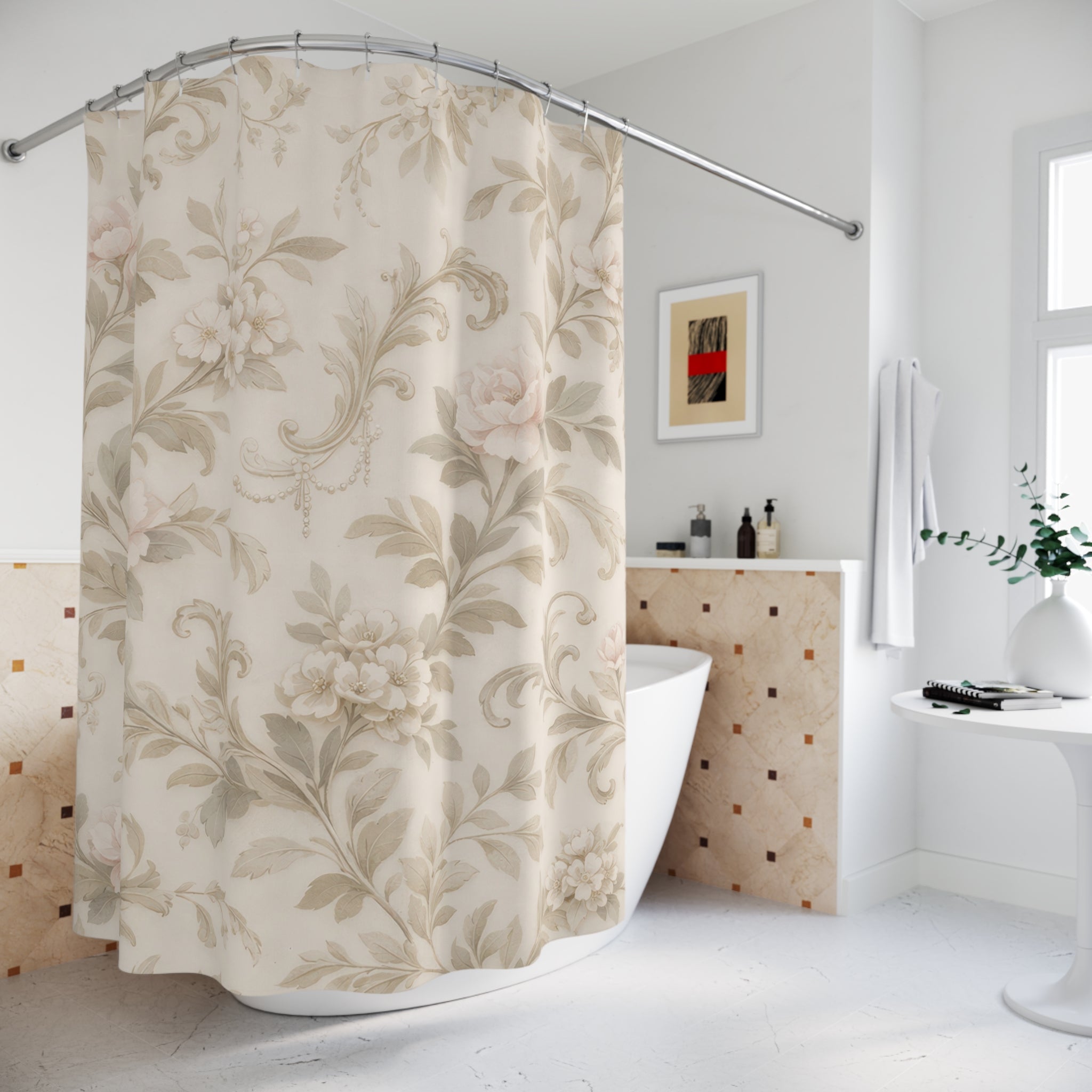 Elegant Floral Scroll Shower Curtain – Blush Sage