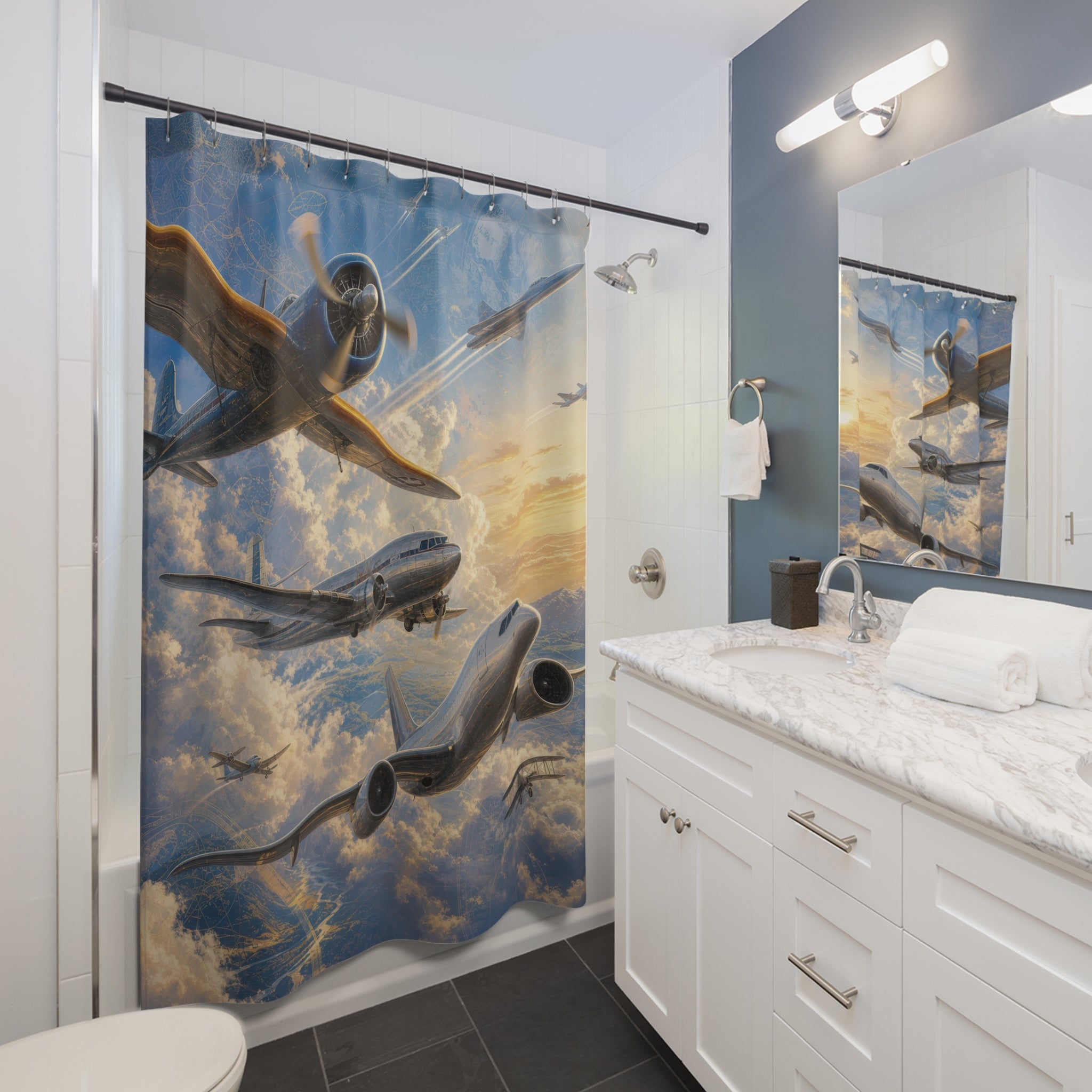 Airplane Shower Curtain: Vintage Aviation Sky