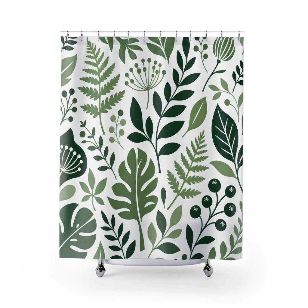 Green White Modern Leaf Shower Curtain