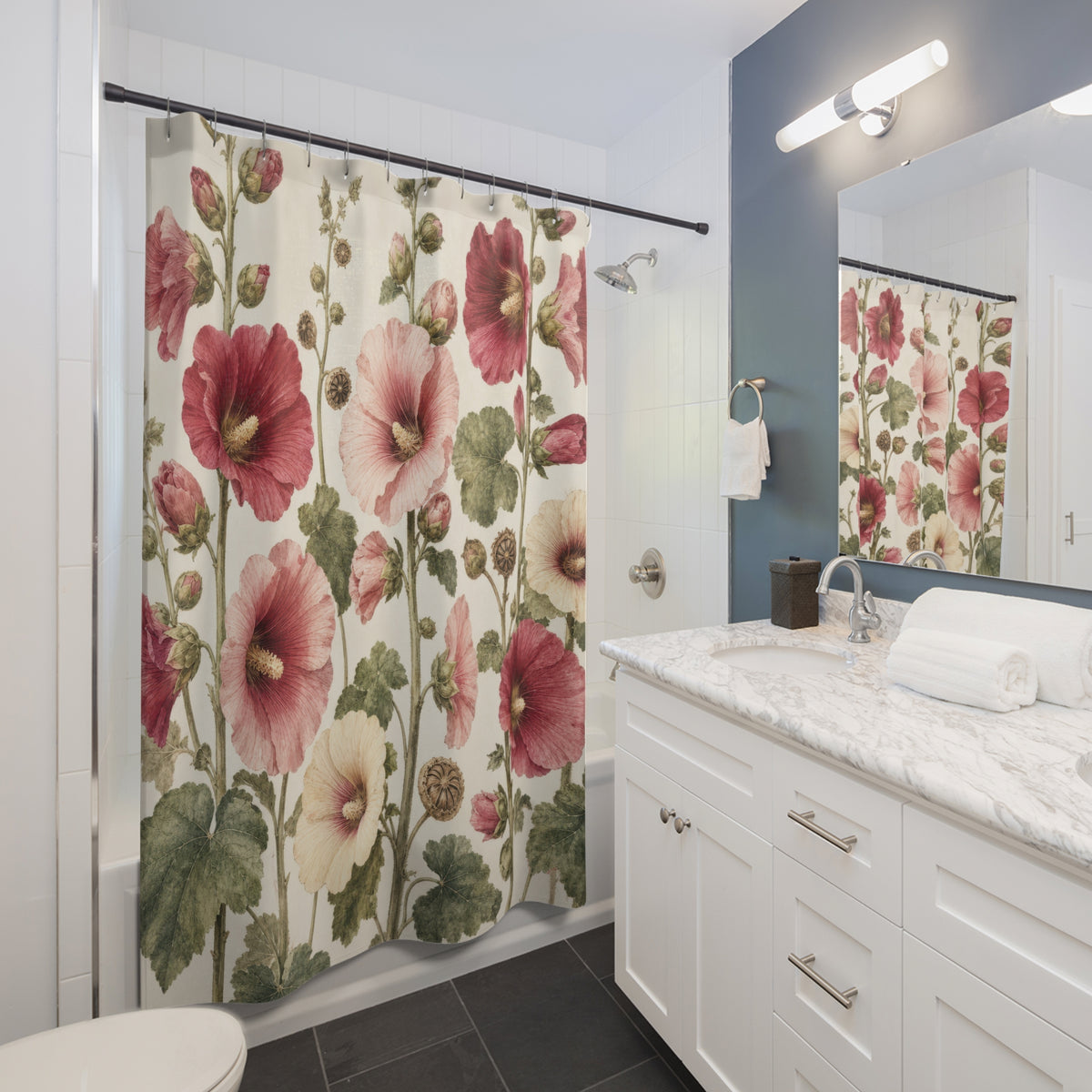Romantic Pink Rose Cottagecore Botanical Floral shower curtain beside a white vanity