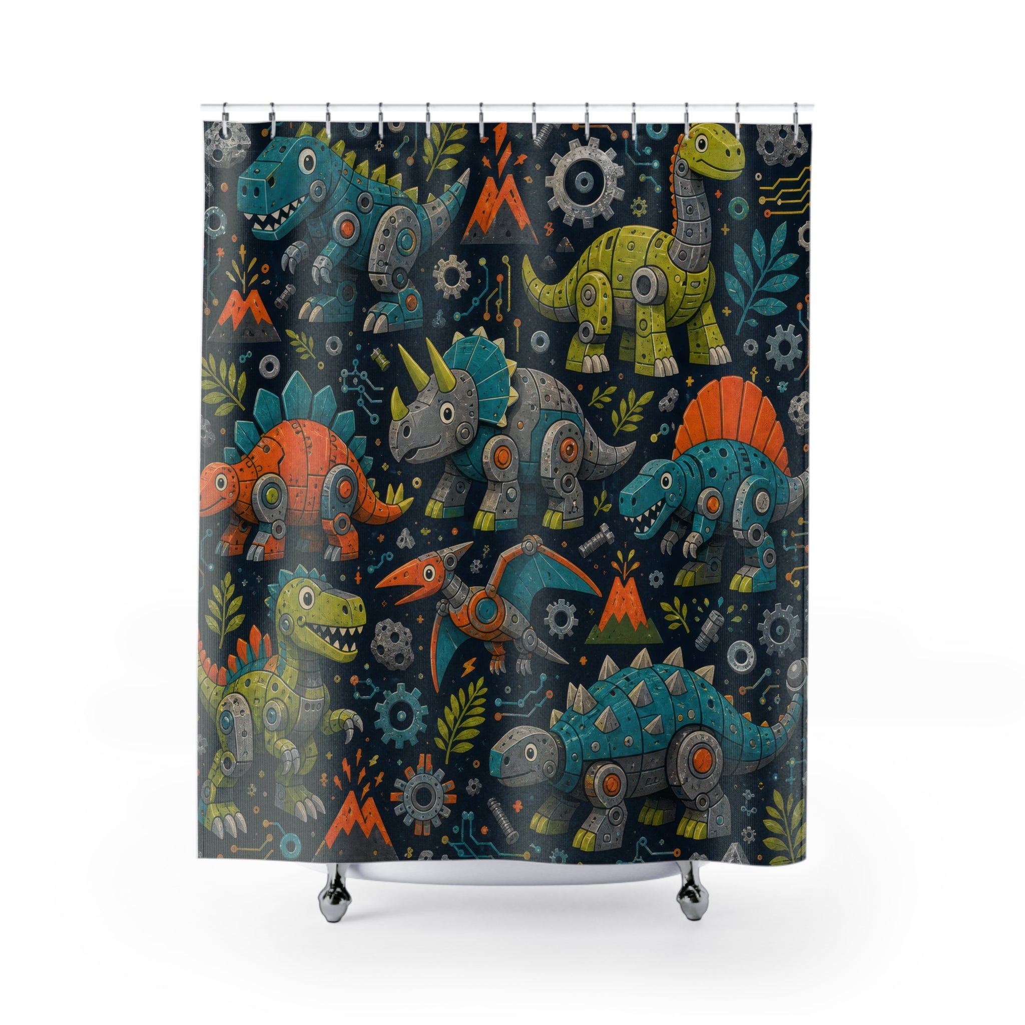 Cute Dinosaur Shower Curtain, Navy Kids Bathroom Decor, Friendly Dinosaur Bath Curtain, Boys Bathroom Decor, Dino Pattern, Playful Style