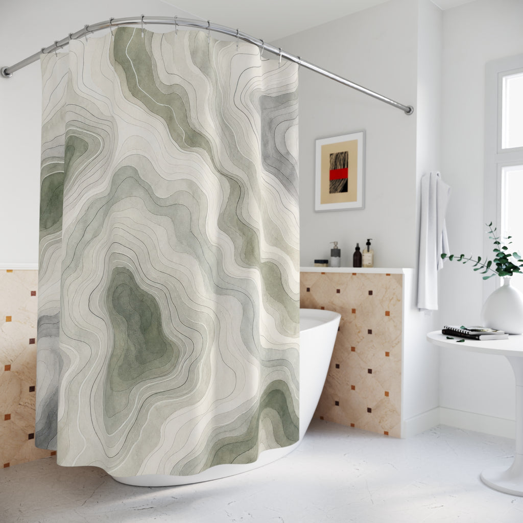 Green Topographic Shower Curtain, Sage Green Modern Bathroom Decor, Topographic Abstract Bath Curtain, Guest Bath Decor, Home Decor