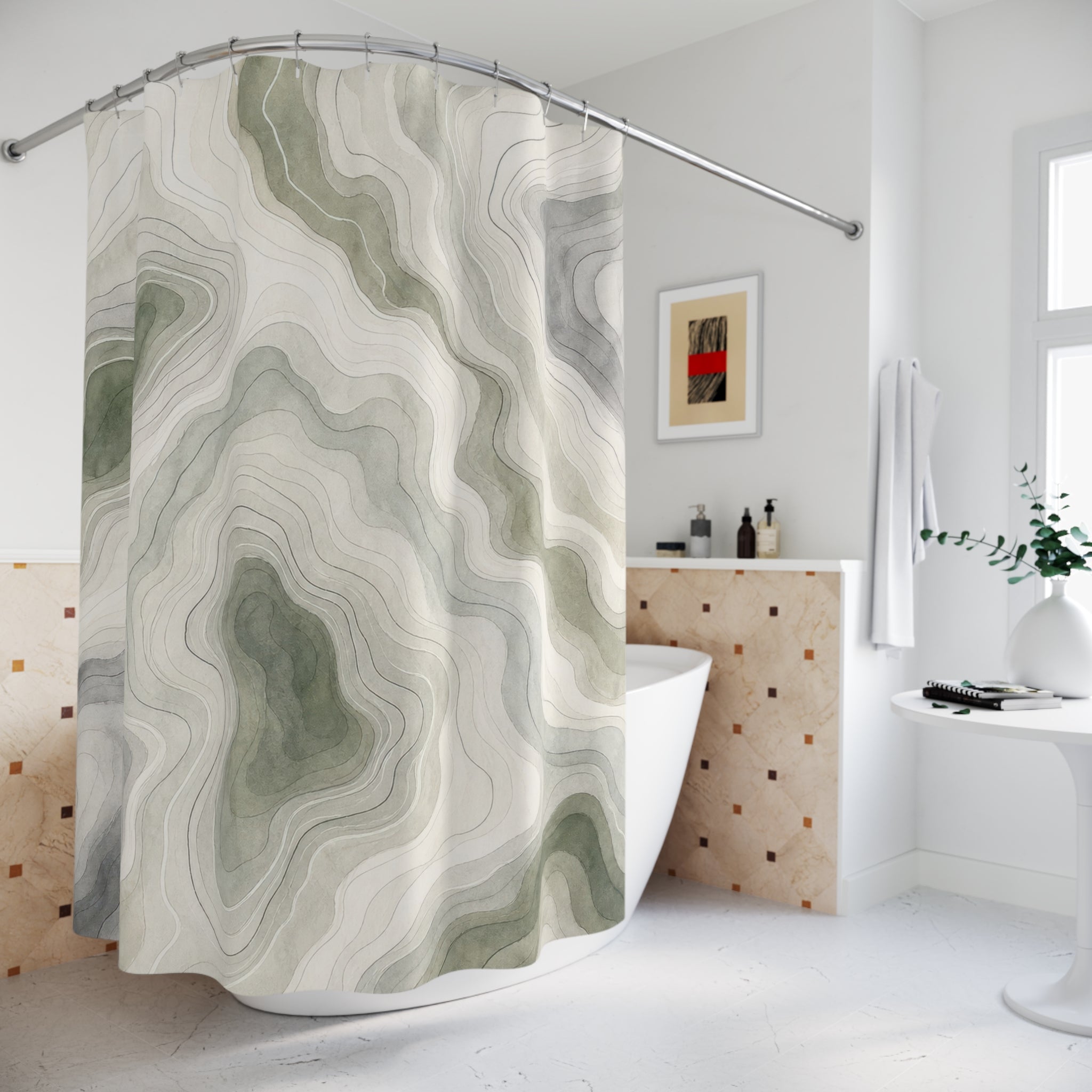 Green Topographic Shower Curtain, Sage Green Modern Bathroom Decor, Topographic Abstract Bath Curtain, Guest Bath Decor, Home Decor