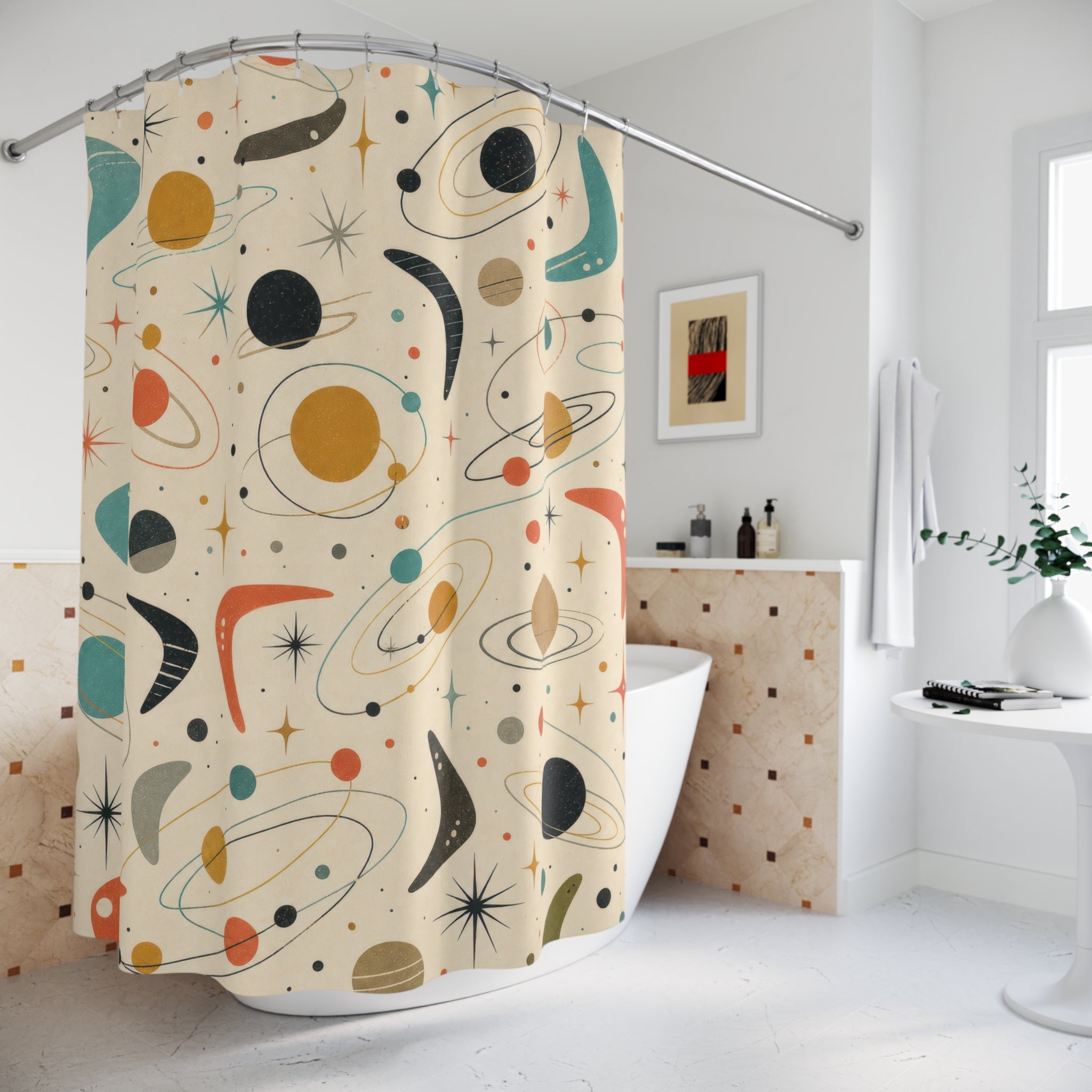 Black Retro Orbit Starburst Shower Curtain