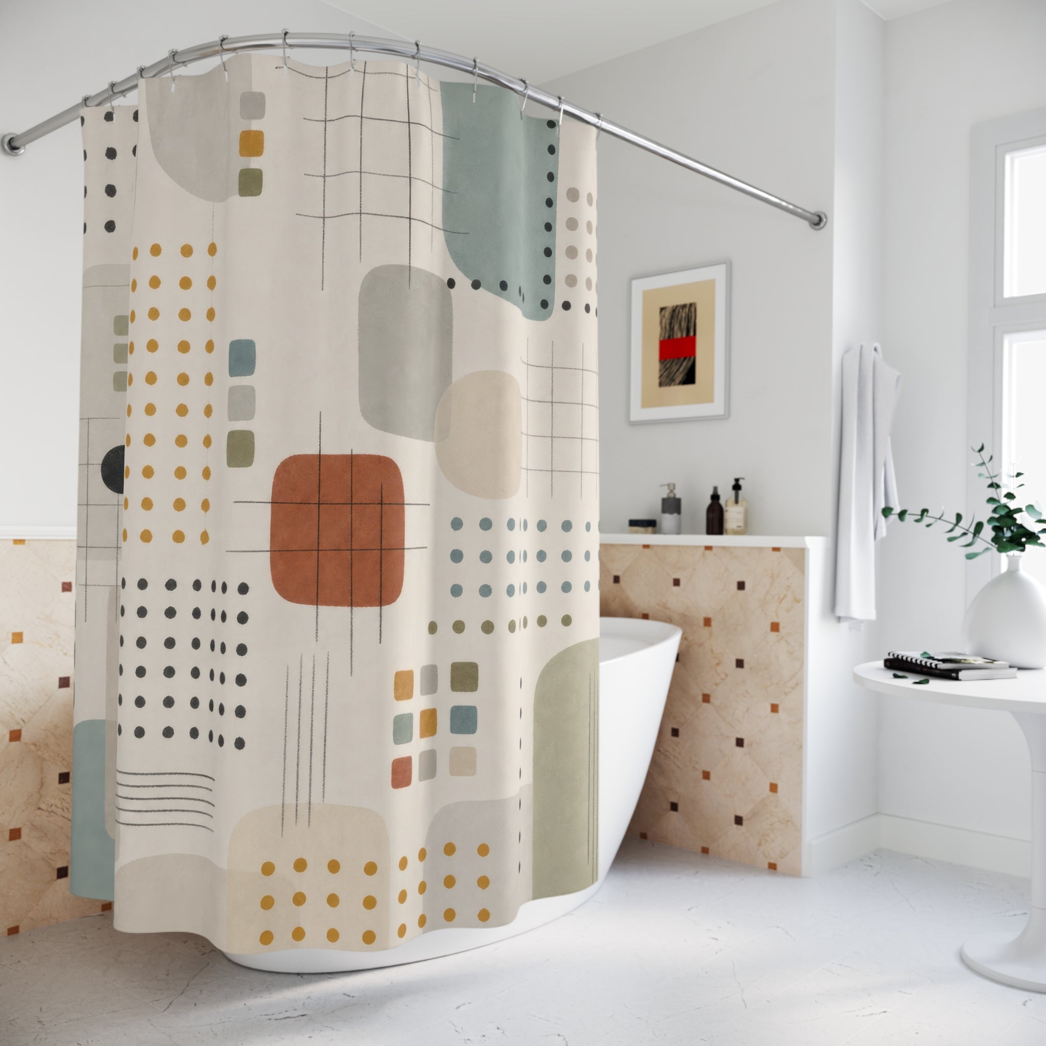 Abstract Geometric Shower Curtain, Dotted Grid Pattern, Soft Blue Sage Orange Modern Bathroom Decor, Minimal Bauhaus Bath Style, Light